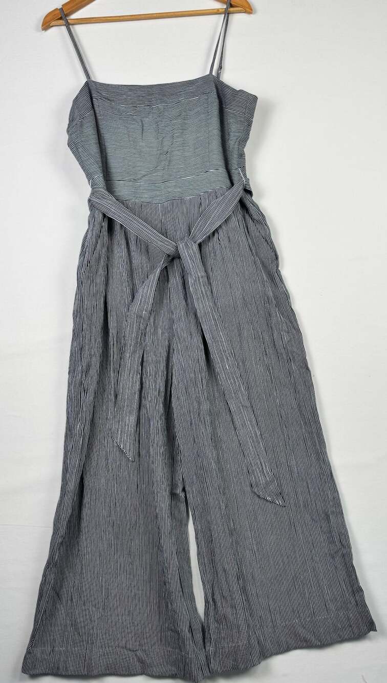 Jumpsuit Size L Blue White Striped Spaghetti Strap Wide Leg and pockets